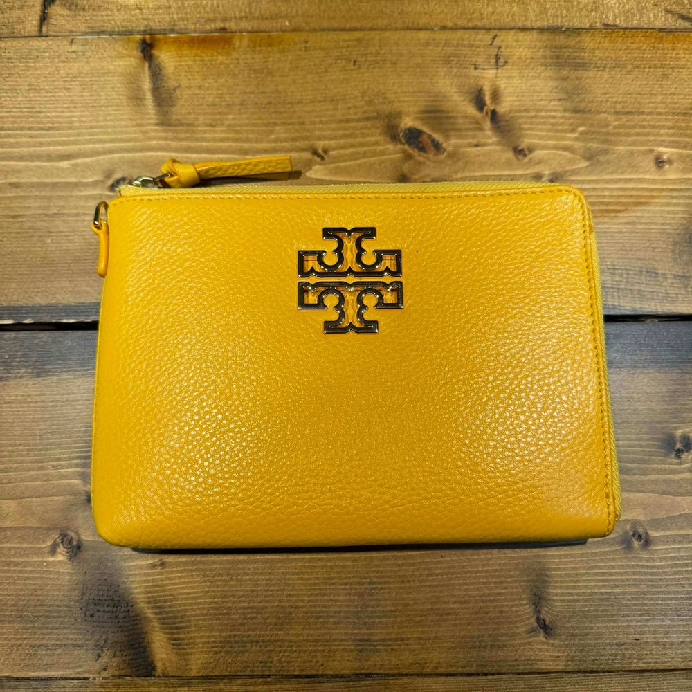 Tory Burch Yellow Leather Wristlet Wallet Clutch Gold Logo Zip Pouch